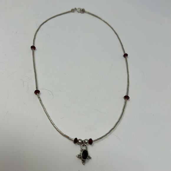 Vintage 925 Red Garnet Pendant Necklace with 6 Garnet Beads - Picture 7 of 8